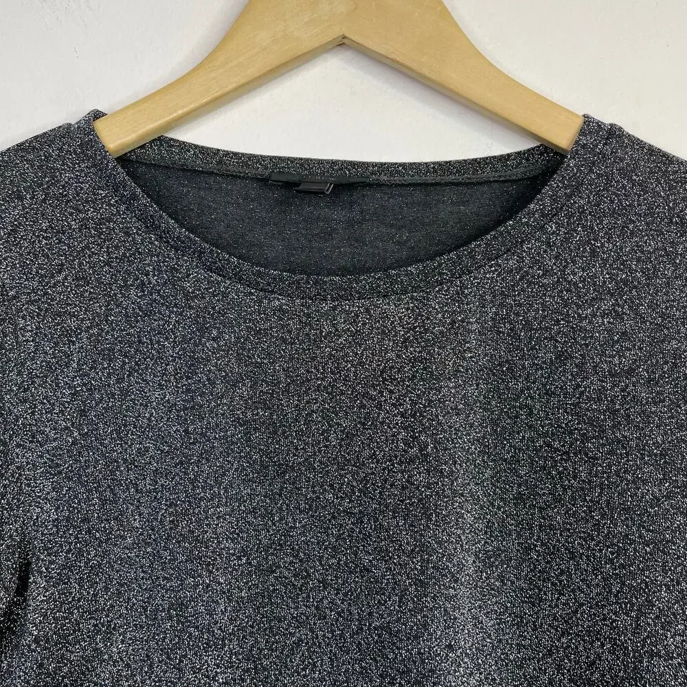 J Crew Metallic Sparkle Knit Bell Ruffle Sleeve Tee Top shirt Charcoal Gray M